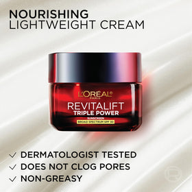 L'Oreal Paris Revitalift moisturizer next to skincare routine products