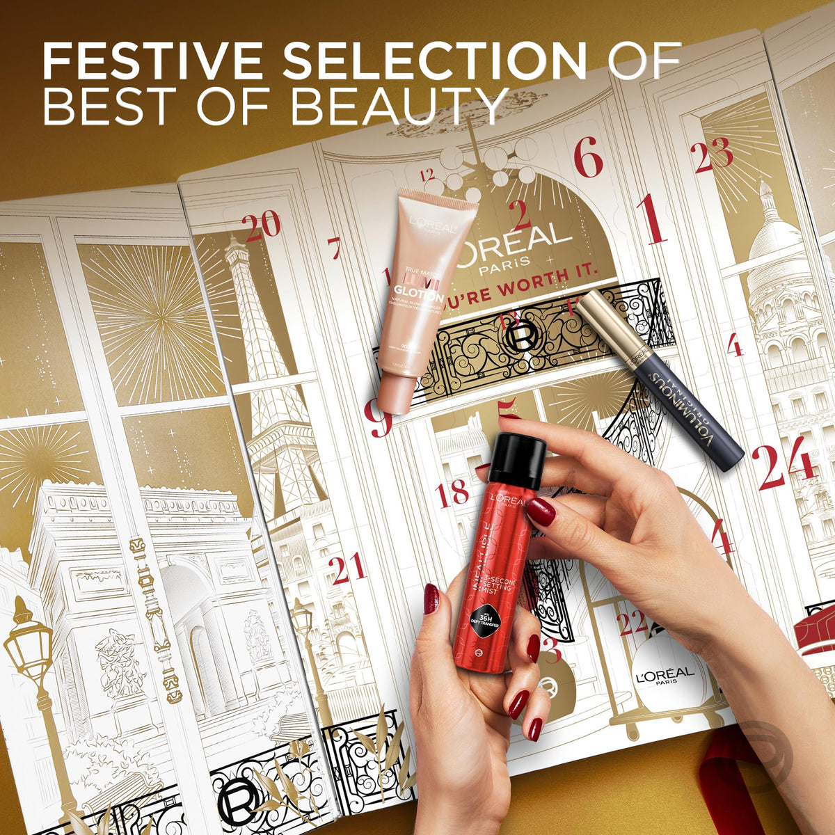 L'Oreal Paris skincare and makeup products inside the advent calendar