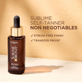 L'Oreal Paris Sublime Bronze Self Tanning Facial Drops packaging with a sunny background