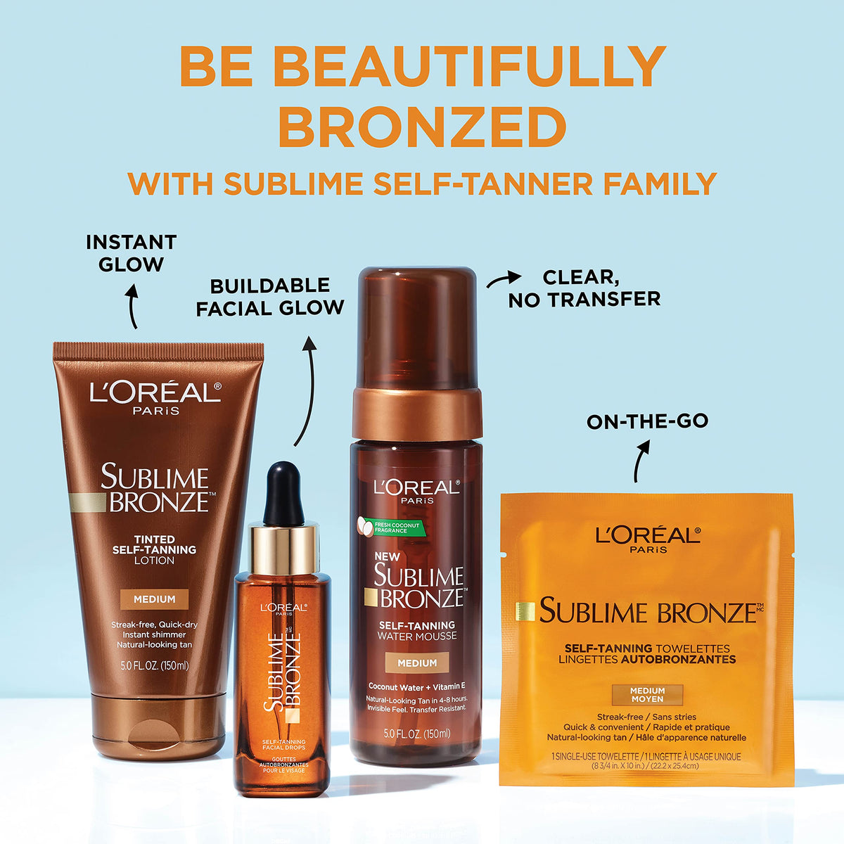 L'Oreal Paris Sublime Bronze Self Tanning Towelettes on a bathroom counter
