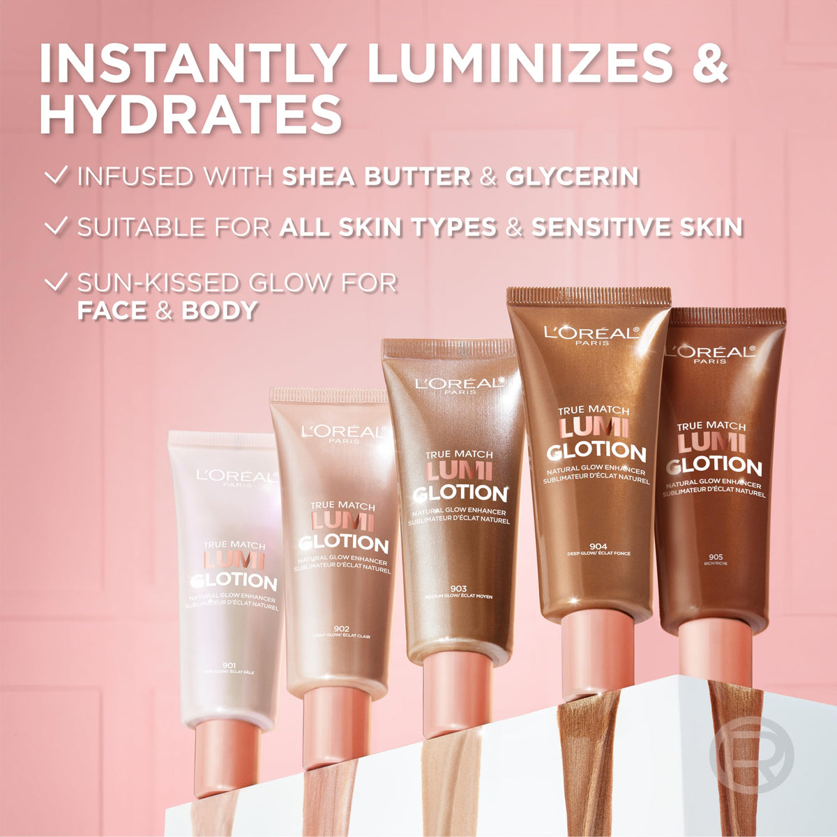 L'Oreal Paris True Match Lumi Glotion 904 Deep with makeup brushes