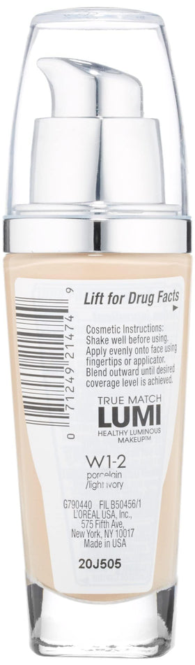 L'Oreal Paris True Match Lumi Healthy Luminous Makeup W1-2 Porcelain bottle side view
