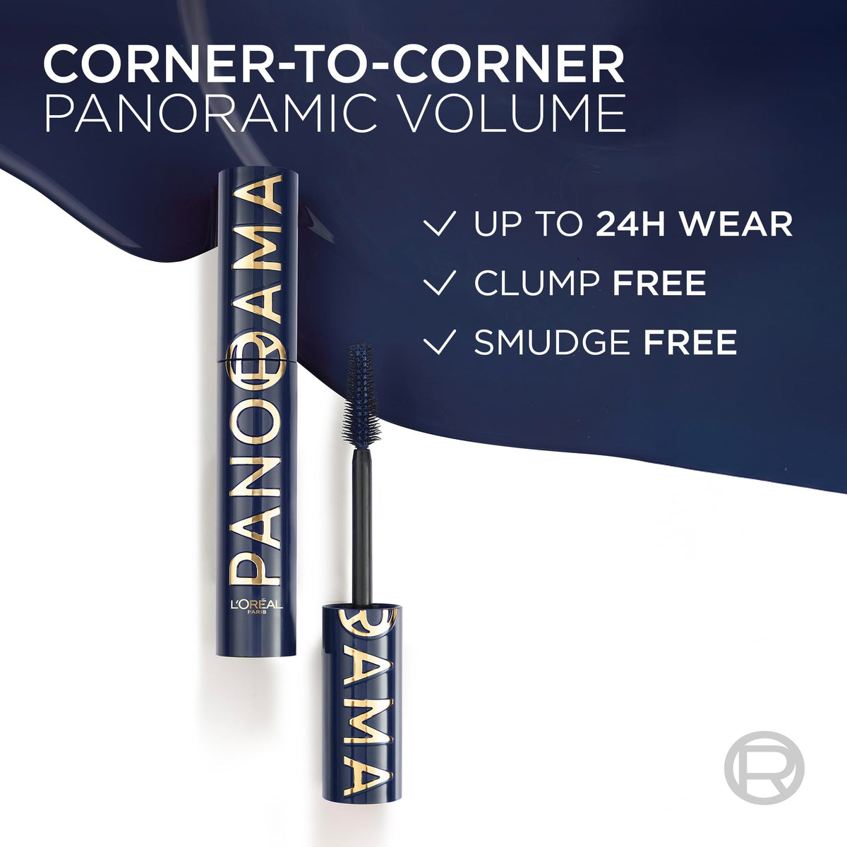 L'Oreal Paris Voluminous Panorama Mascara with a background of makeup products