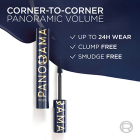 L'Oreal Paris Voluminous Panorama Mascara with a background of makeup products