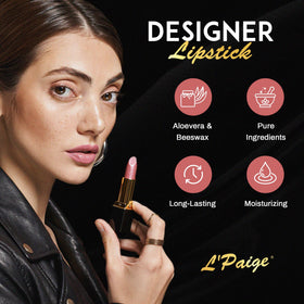 L'Paige Champagne Lipstick swatch on skin showing pearlescent finish