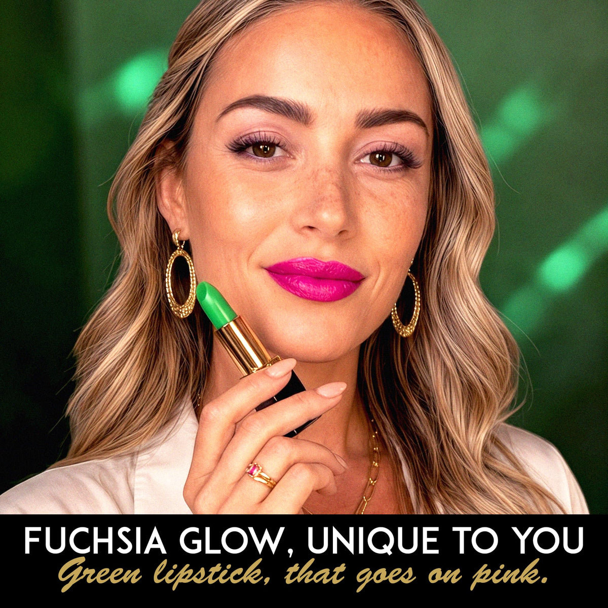 L'Paige Color-Changing Green Lipstick applied on lips