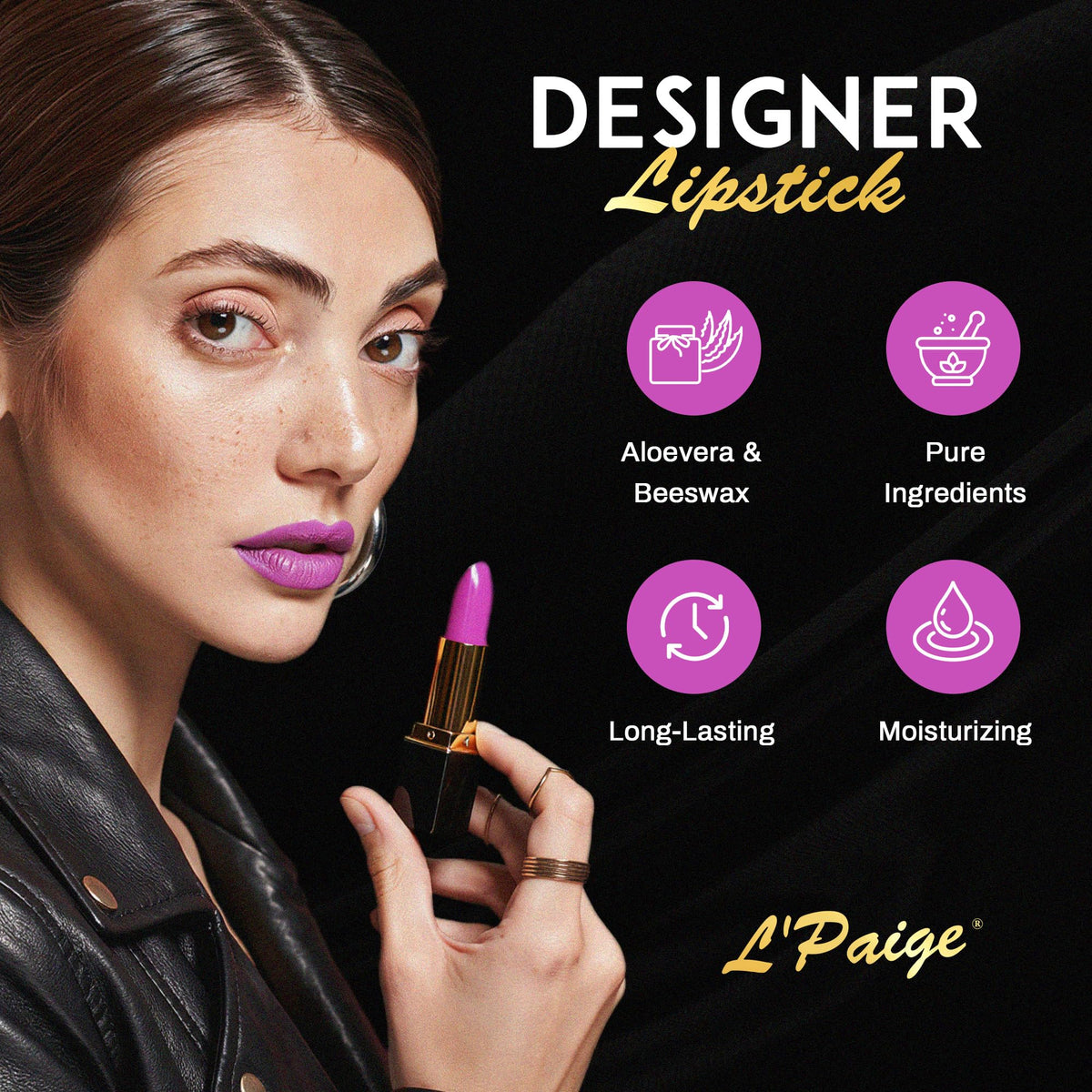 L'Paige Electric Fuchsia Lipstick side view showing packaging