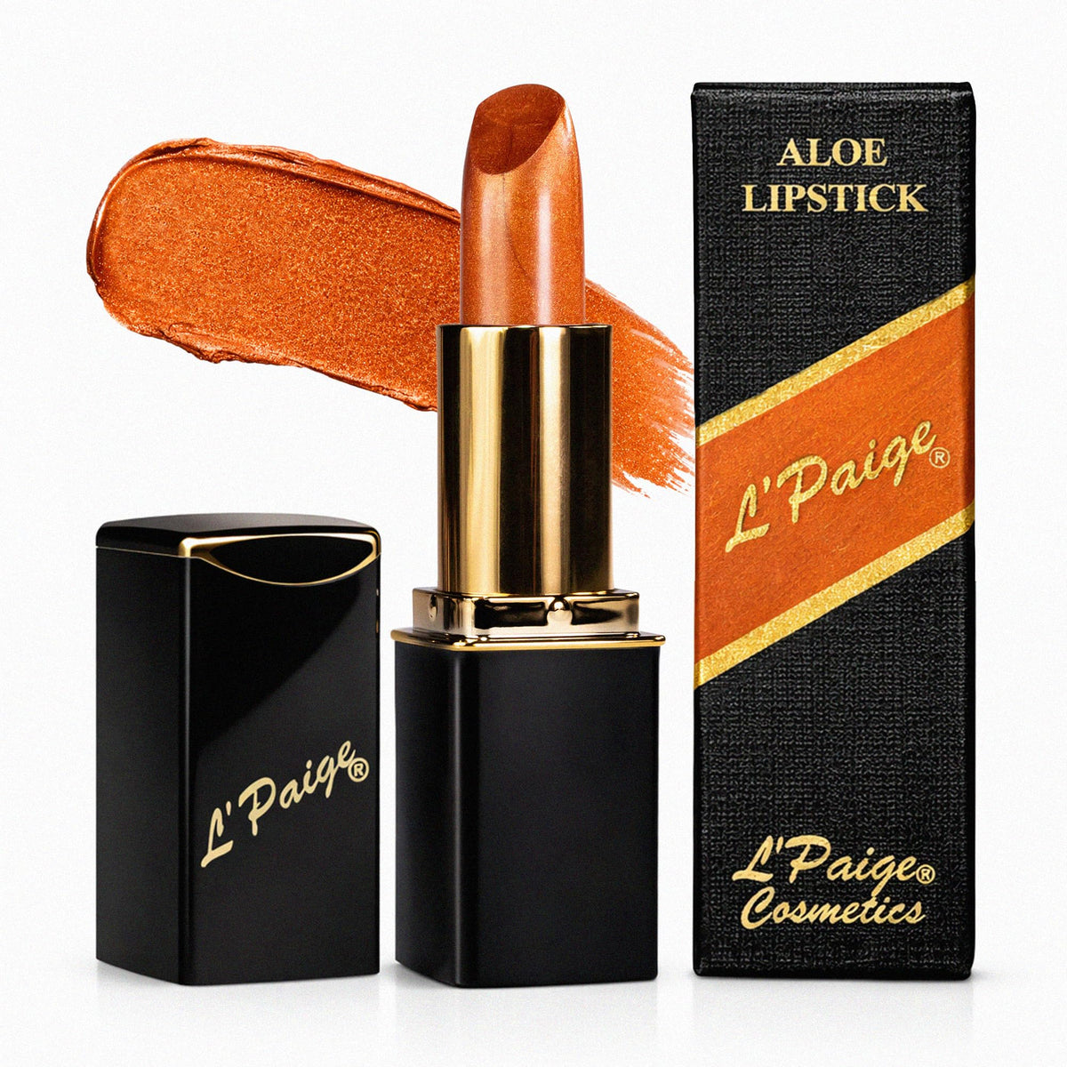 L'Paige Frosted Copper Lipstick front view with metallic shimmer