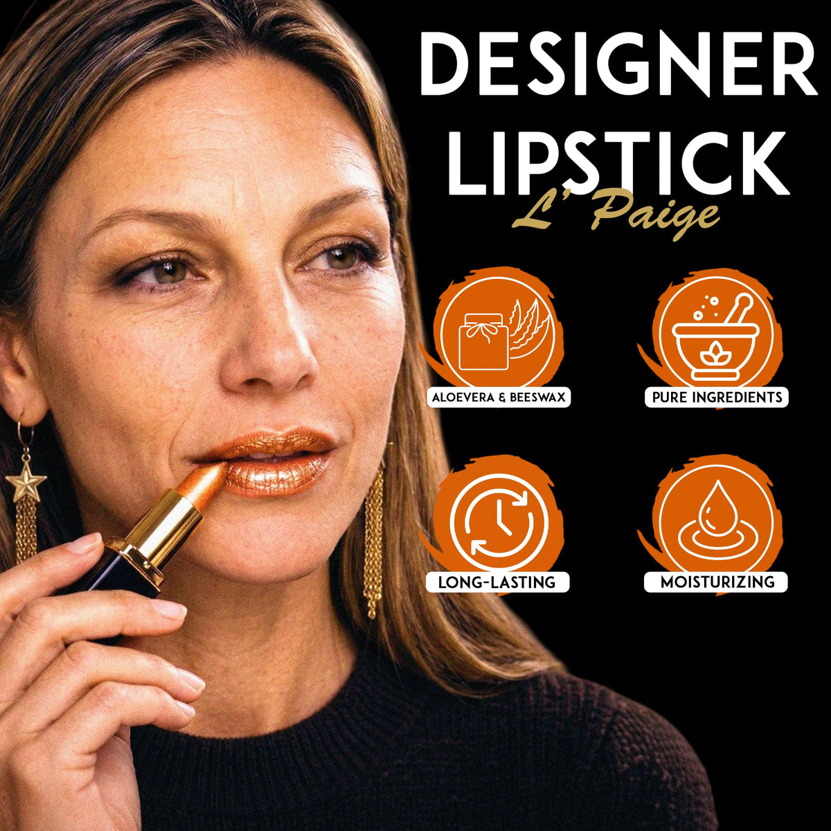 L'Paige Frosted Copper Lipstick on a makeup table