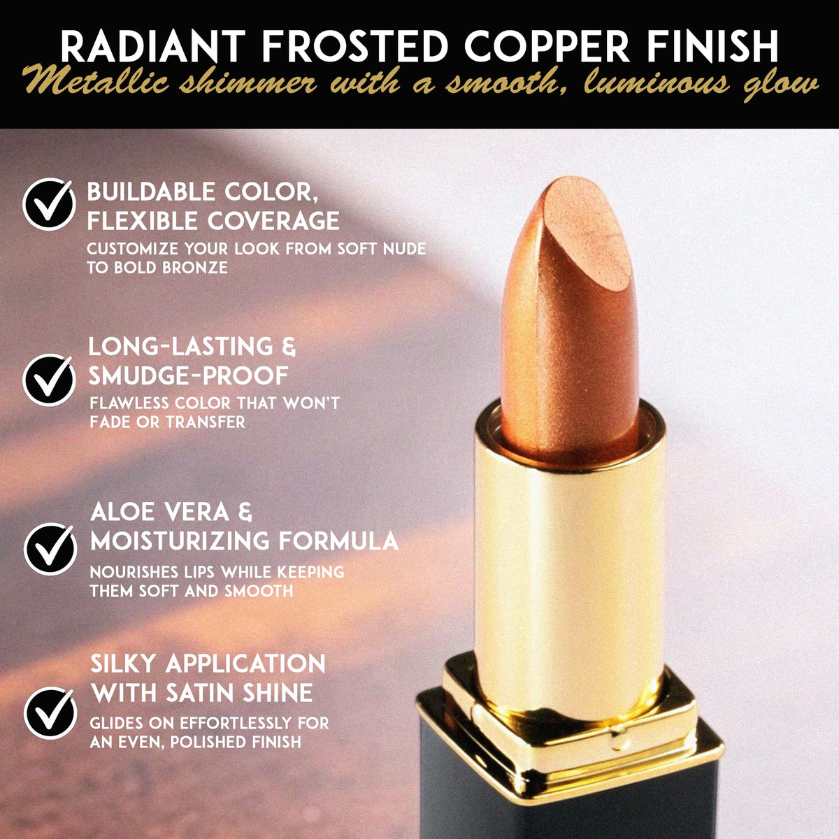 L'Paige Frosted Copper Lipstick with aloe vera ingredients
