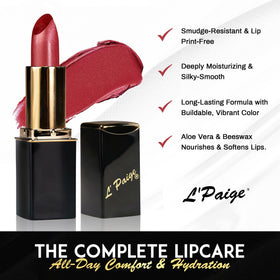 L'Paige Icy Mauve Lipstick applied on model's lips