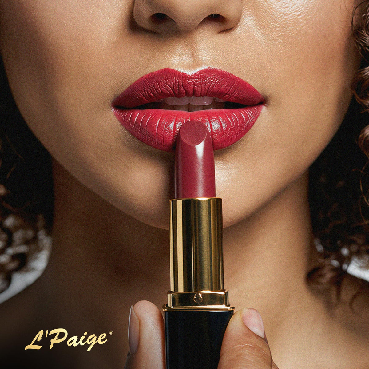 L'Paige Icy Mauve Lipstick in hand with other lip products