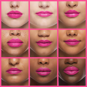 L'Paige Pink/Frost Split Lipstick applied on lips for a luminous finish