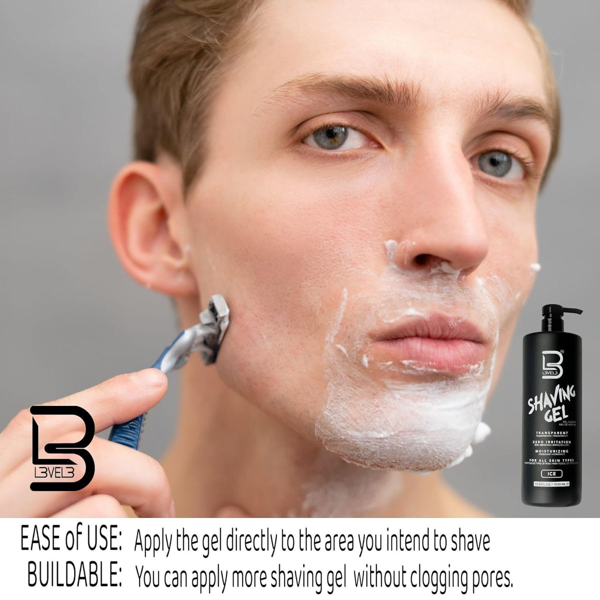 L3 Clear Shaving Gel showing transparent formula