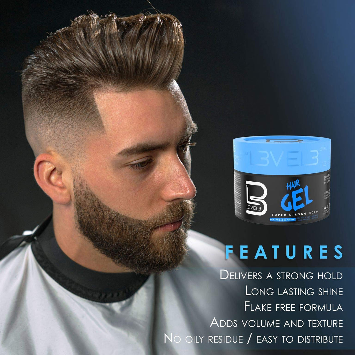 L3 Hair Gel 33.8 oz in a bathroom setting with styling tools