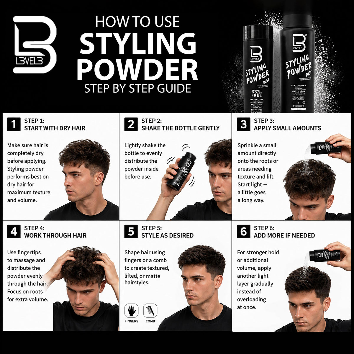 L3 Hair Texture Powder for Men 60 g matte finish demonstration