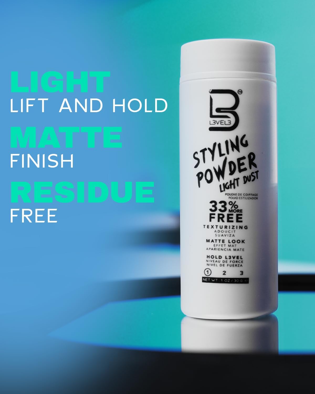 L3 Light Hold Styling Powder for Men in use with styled hair