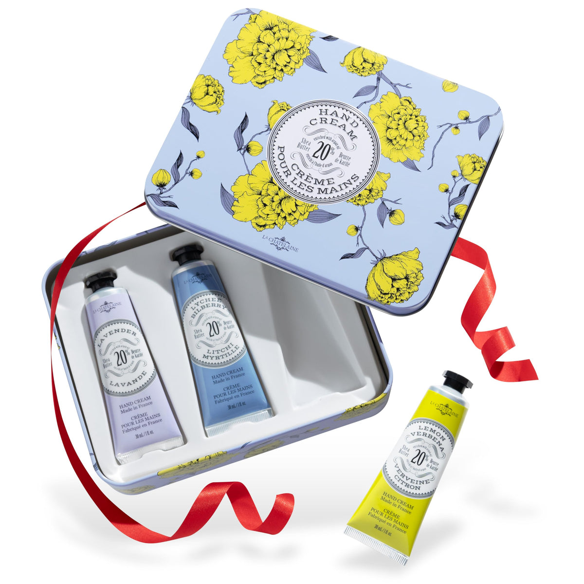 La Chatelaine Hand Cream Trio Tin with Lavender, Lychee Bilberry, and Lemon Verbena