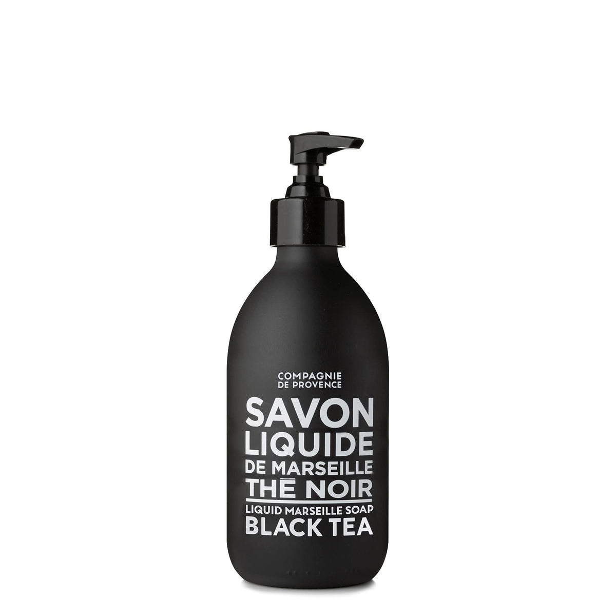 La Compagnie de Provence Black Tea Liquid Soap front view in glass bottle