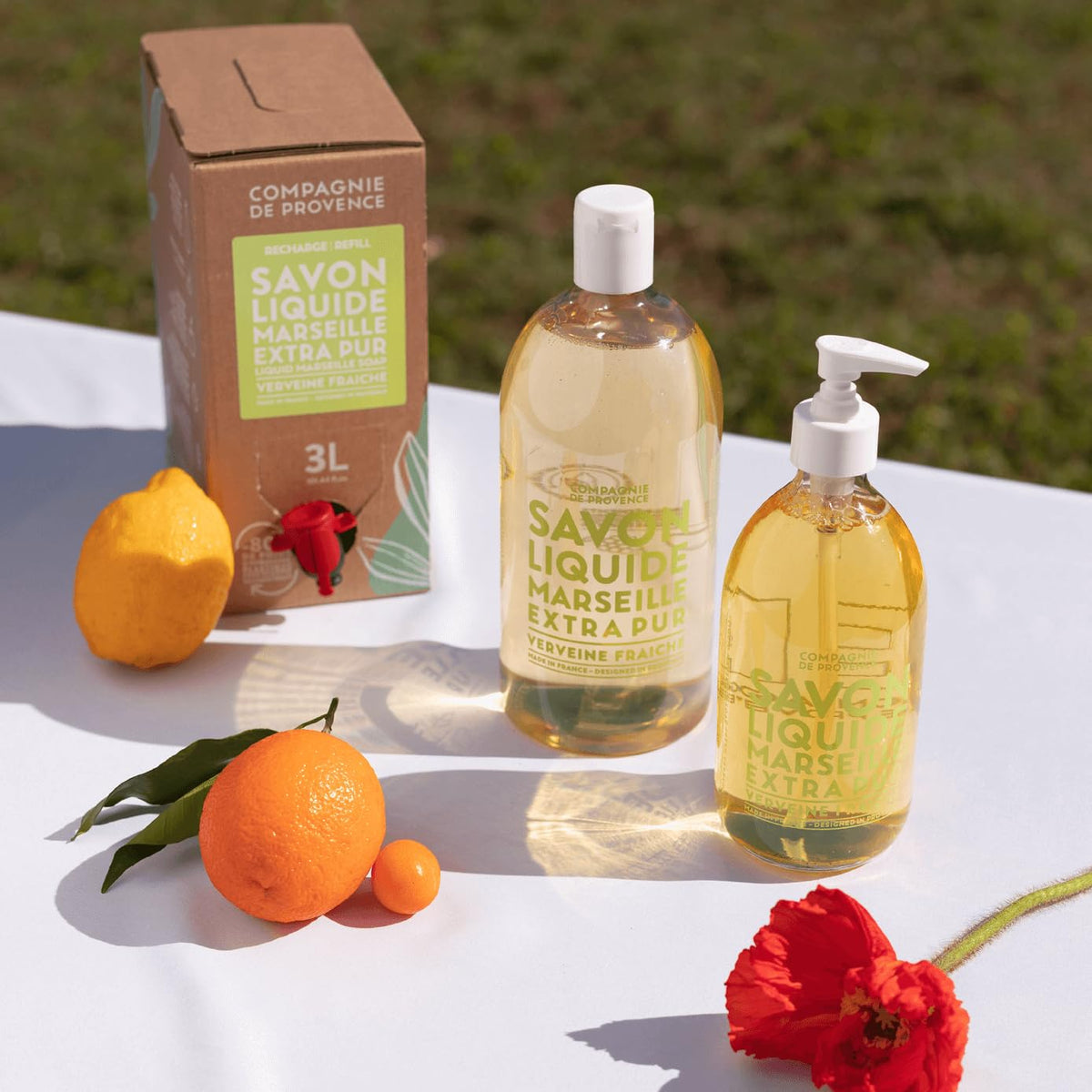La Compagnie de Provence Fresh Verbena Liquid Soap in a bathroom setting