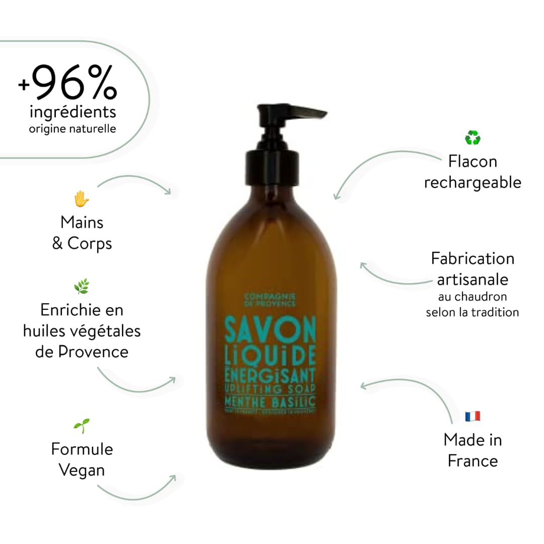 La Compagnie de Provence Mint Basil Liquid Soap bottle side view