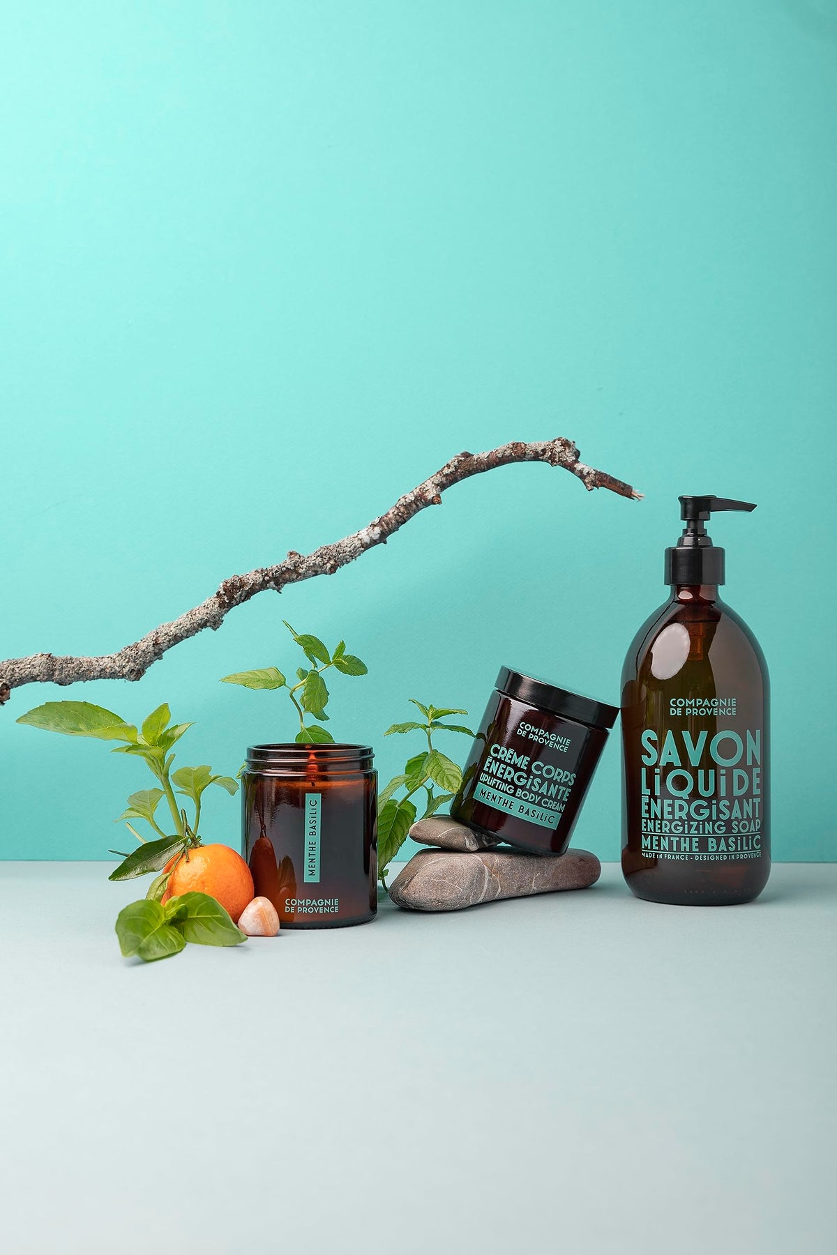 La Compagnie de Provence Mint Basil Liquid Soap in a bathroom setting