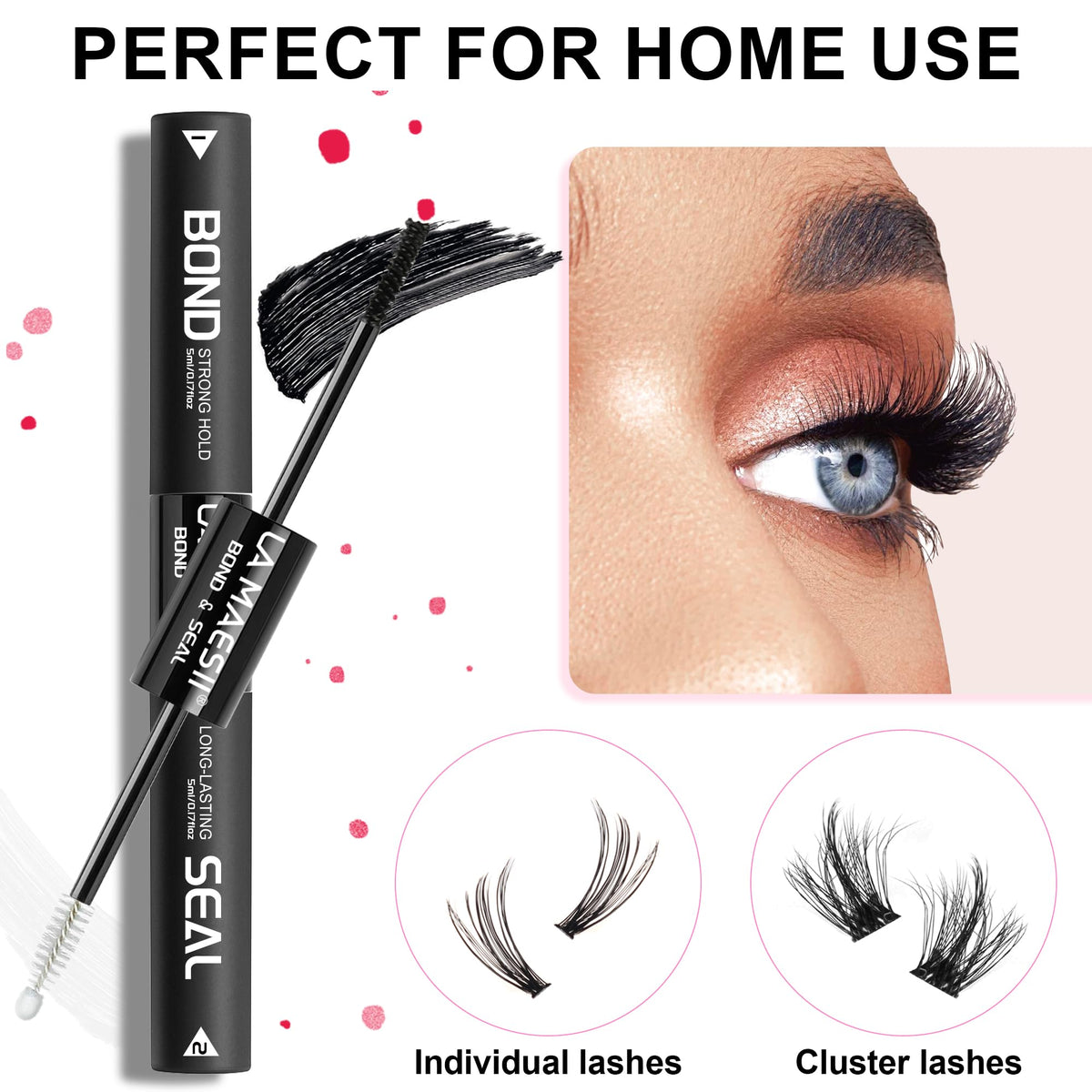 La Maesii Lash Cluster Glue in hand with false eyelashes