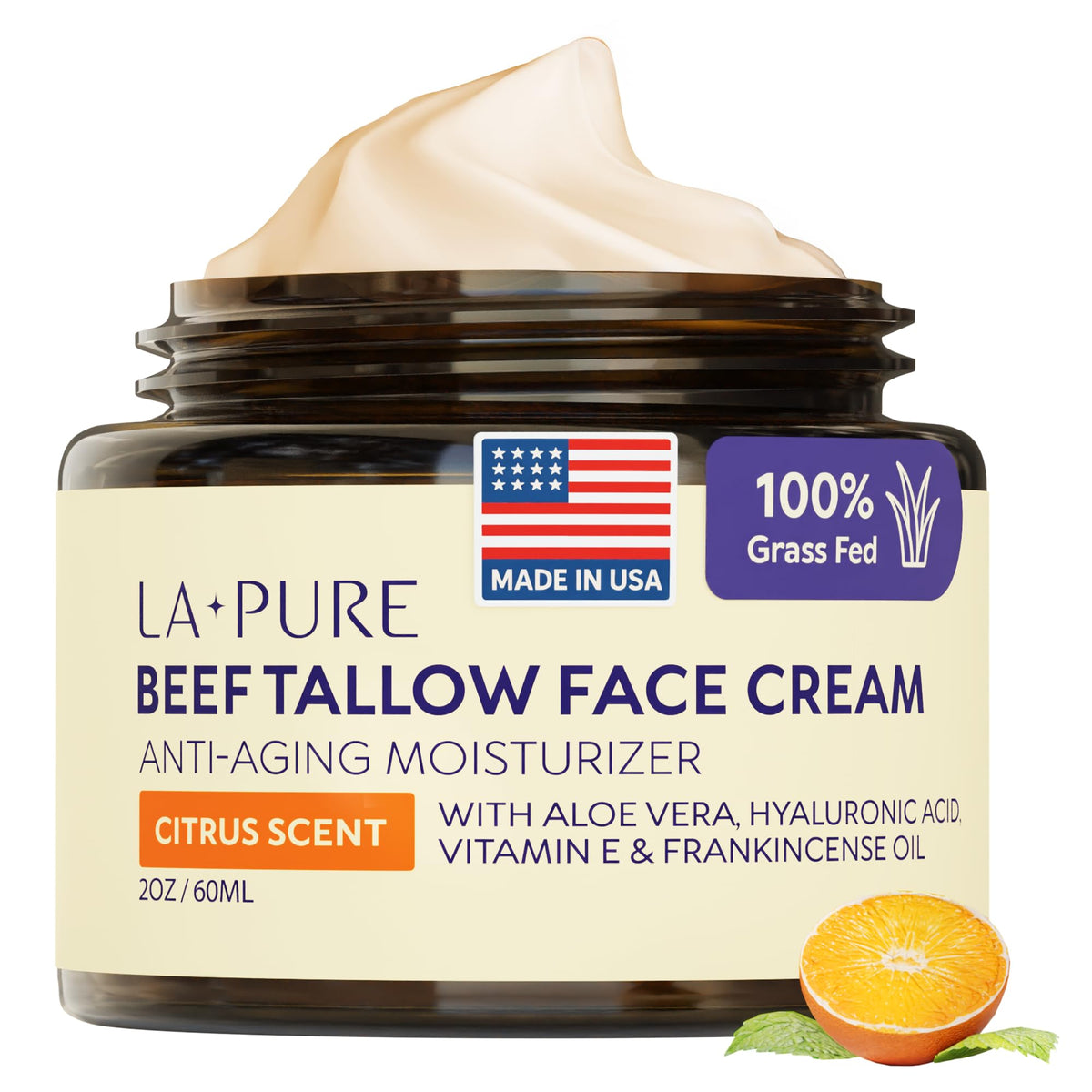 LA PURE Beef Tallow Face Moisturizer 2 oz jar front view