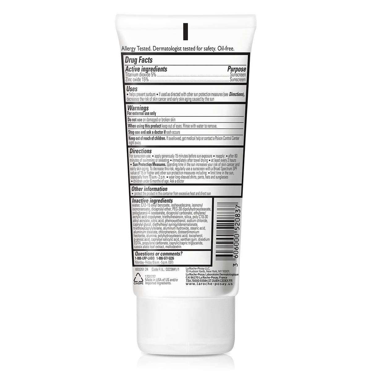 La Roche-Posay Anthelios Mineral Sunscreen SPF 50 3oz back view