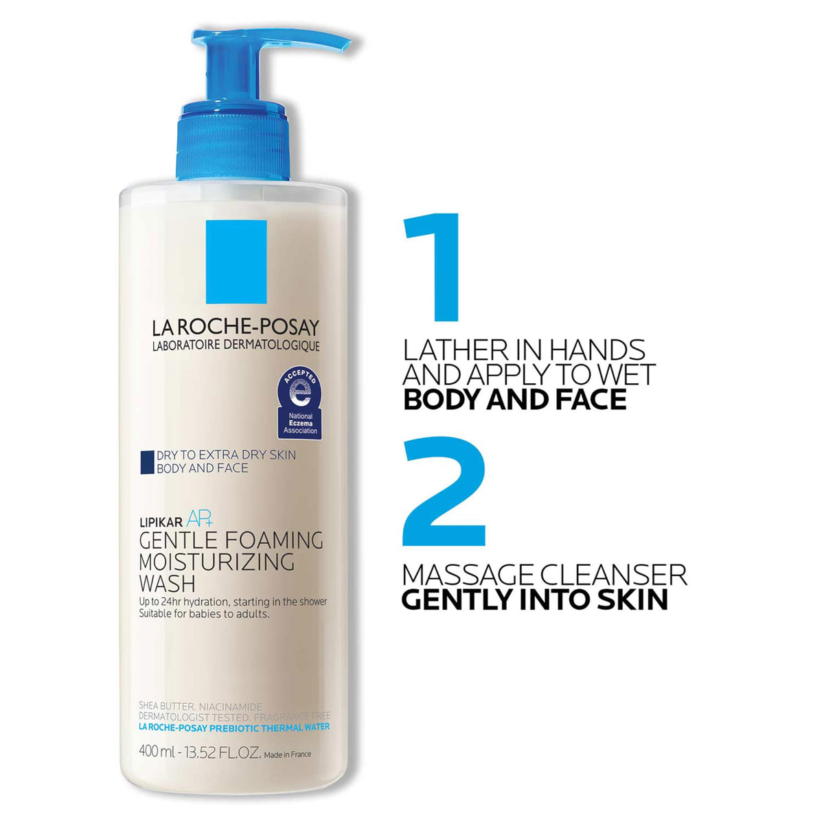 La Roche-Posay Lipikar AP+ body wash on a shower shelf