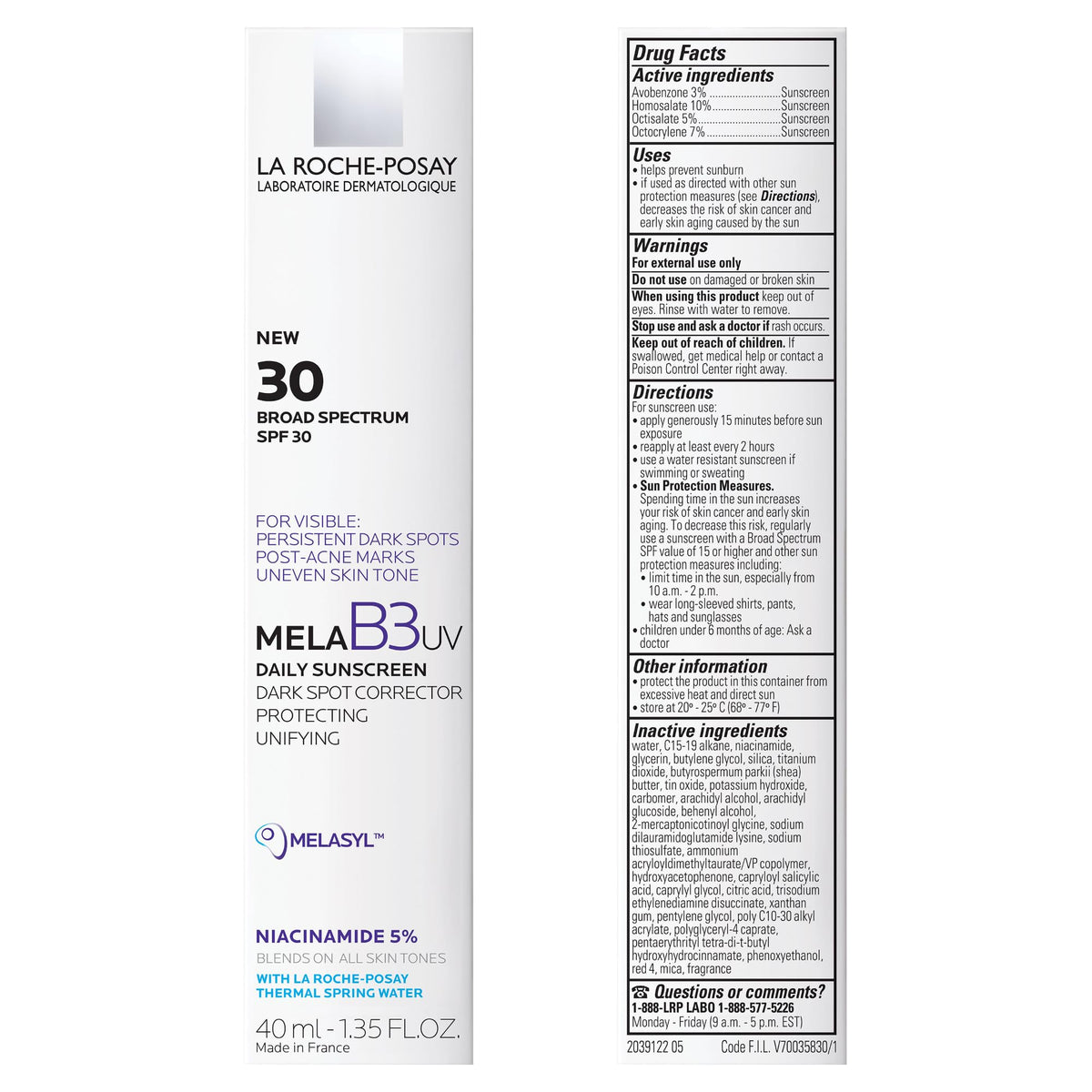 La Roche-Posay Mela B3 UV Face Sunscreen SPF 30 with ingredients list