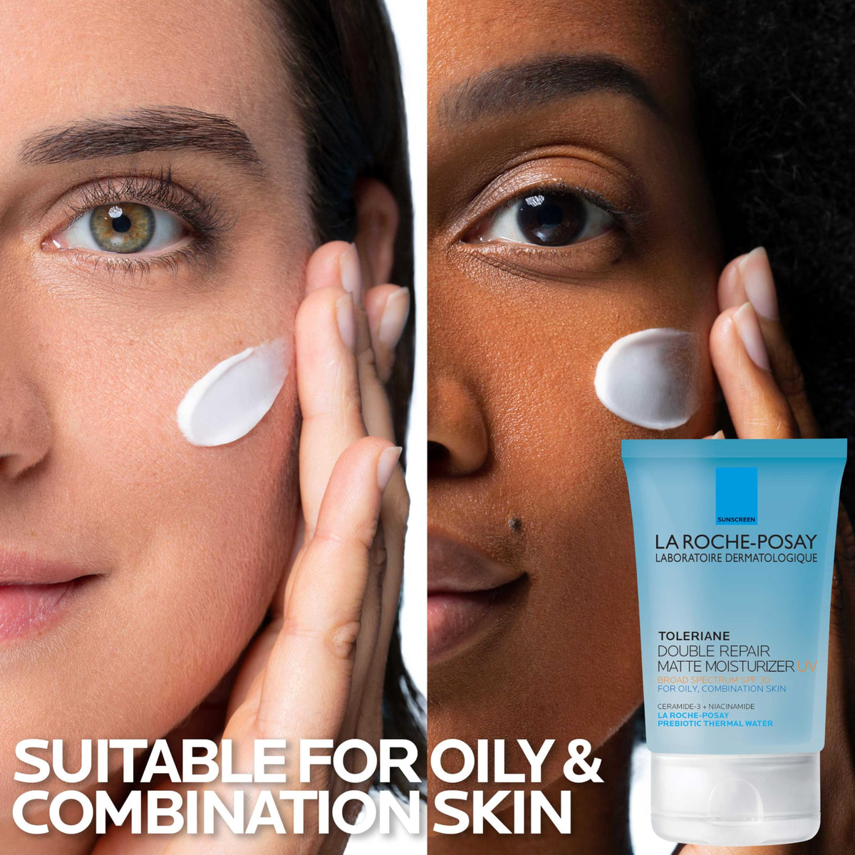 La Roche-Posay Toleriane Double Repair Matte Face Moisturizer SPF 30 on bathroom counter