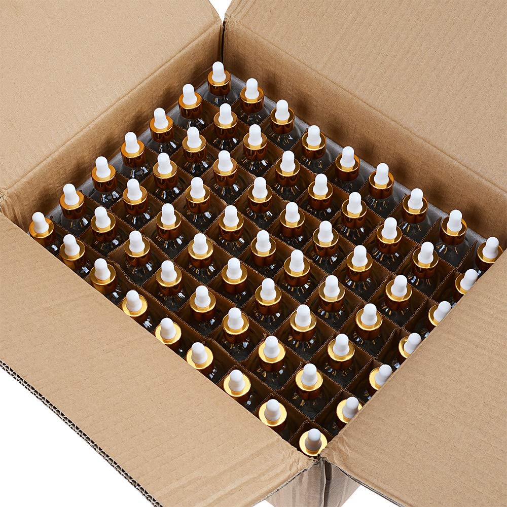 Labelled PrettyCare glass dropper bottles on a table