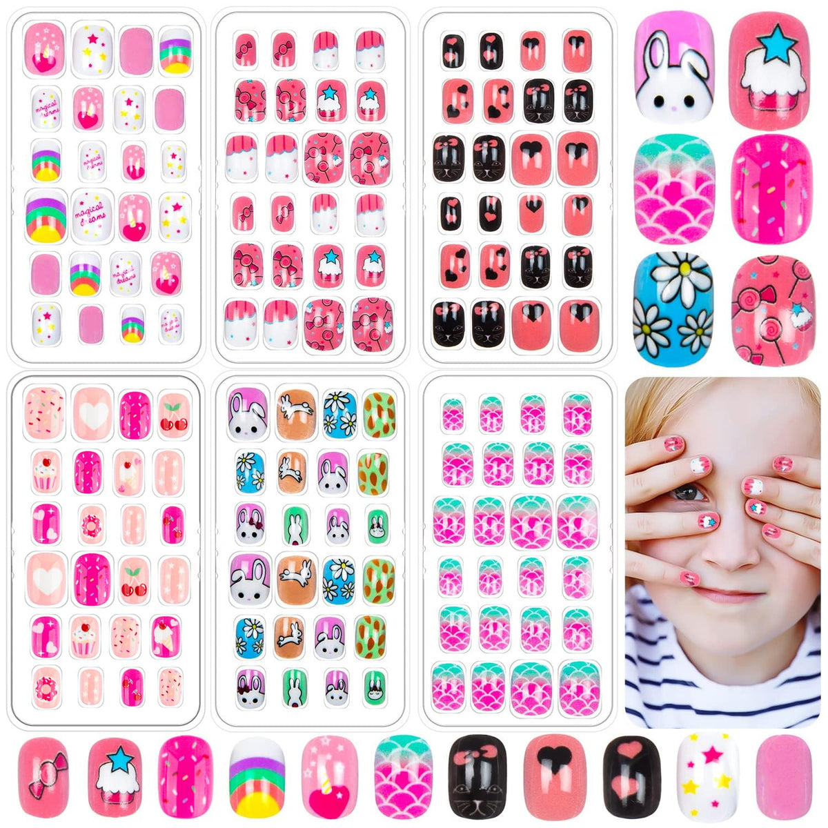 Labeol 144 pieces kids press on nails assorted designs front view