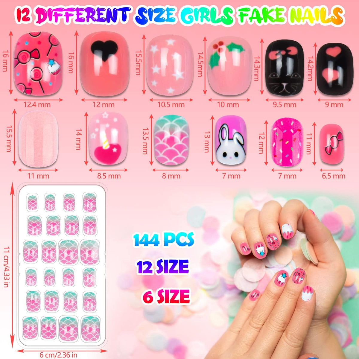 Labeol kids press on nails with cartoon patterns in bright colours
