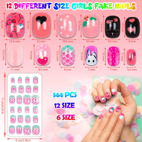 Labeol kids press on nails with cartoon patterns in bright colours