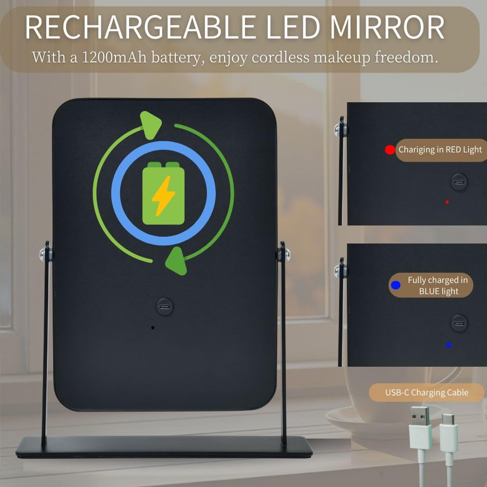 LAKFUES 11x9 makeup mirror side view showing adjustable brightness