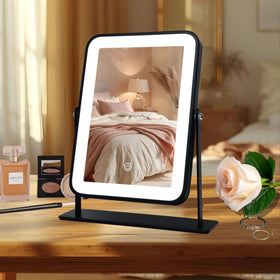 LAKFUES 11x9 rechargeable desktop makeup mirror front view with LED lights