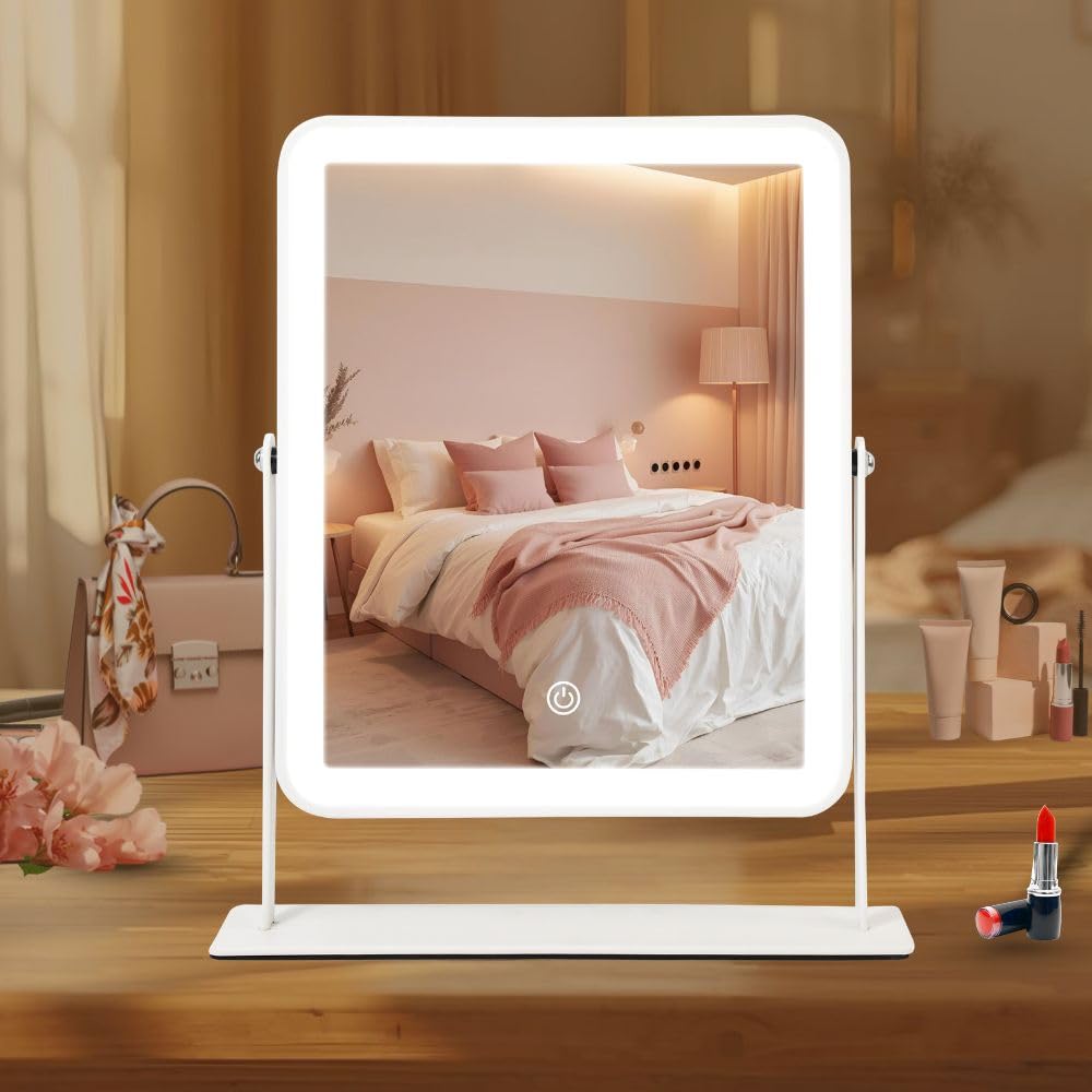 LAKFUES 14" x 12" LED Vanity Mirror front view with lights