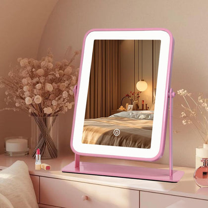 LAKFUES Pink LED Makeup Mirror front view with lights