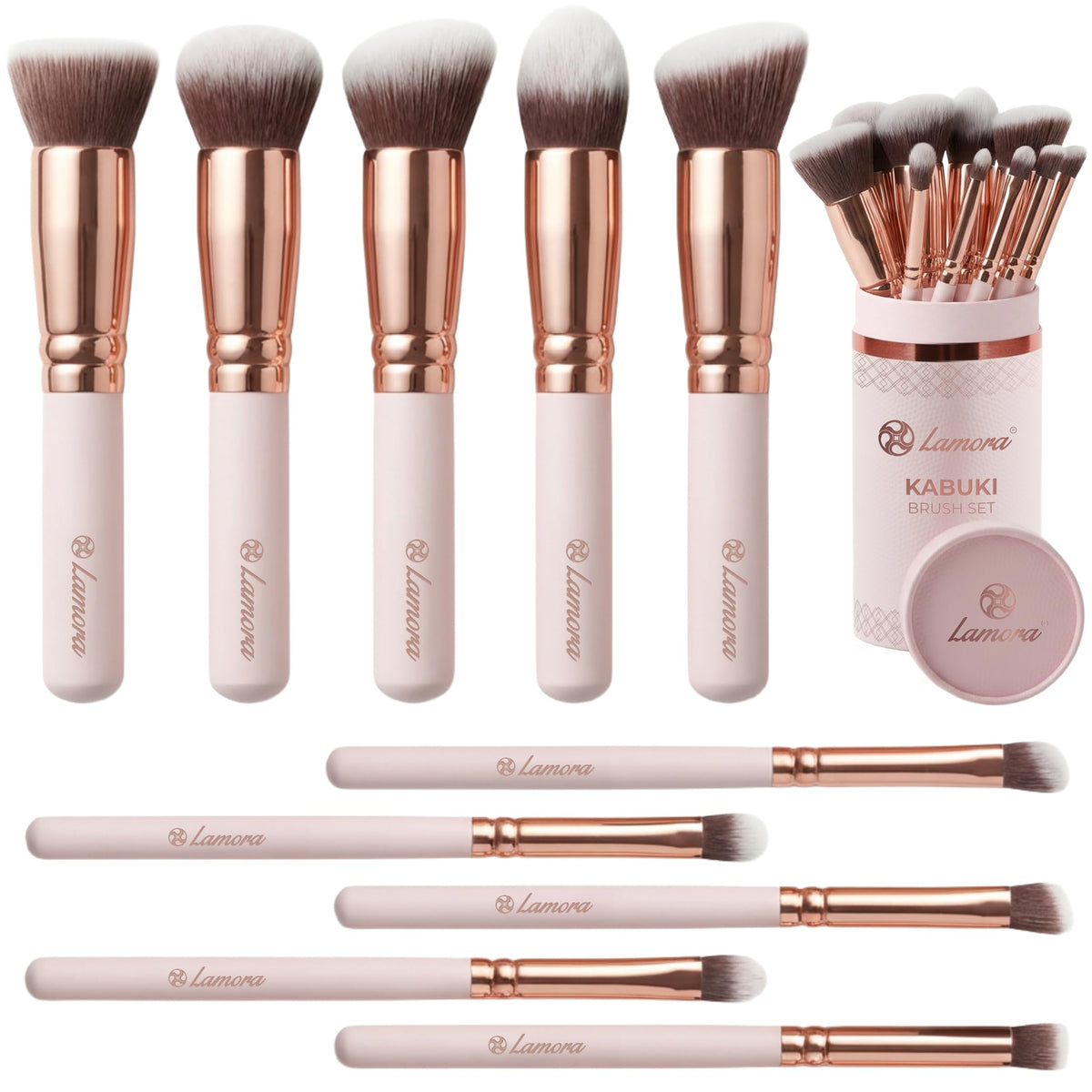 Lamora Kabuki Makeup Brush Set front view with all 10 brushes