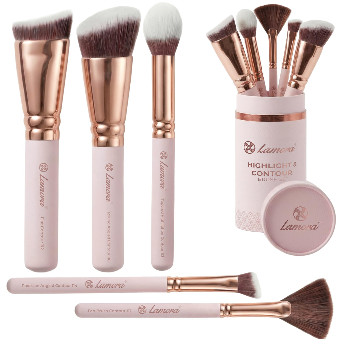 Lamora Pro Face Contour Brush Set front view with all five brushes