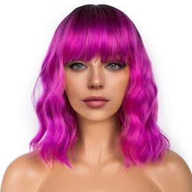 LANCAINI Colourful Short Bob Wig front view in Black-Rose Purple