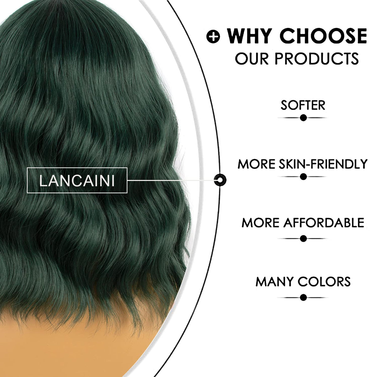 LANCAINI Dark Green Short Bob Wig close-up of bangs