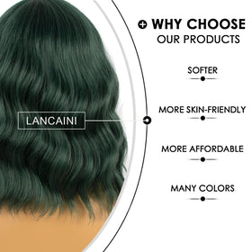 LANCAINI Dark Green Short Bob Wig close-up of bangs