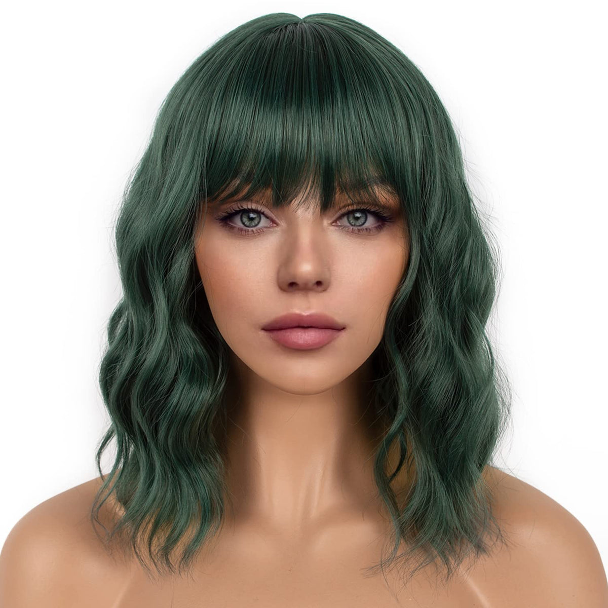 LANCAINI Dark Green Short Bob Wig front view with loose waves