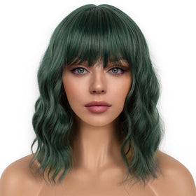 LANCAINI Dark Green Short Bob Wig front view with loose waves