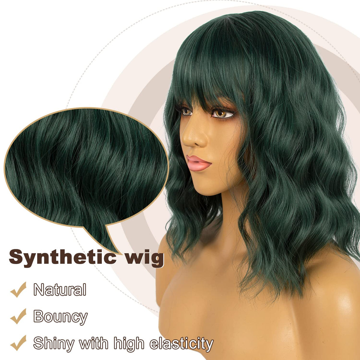 LANCAINI Dark Green Short Bob Wig side view showcasing bangs