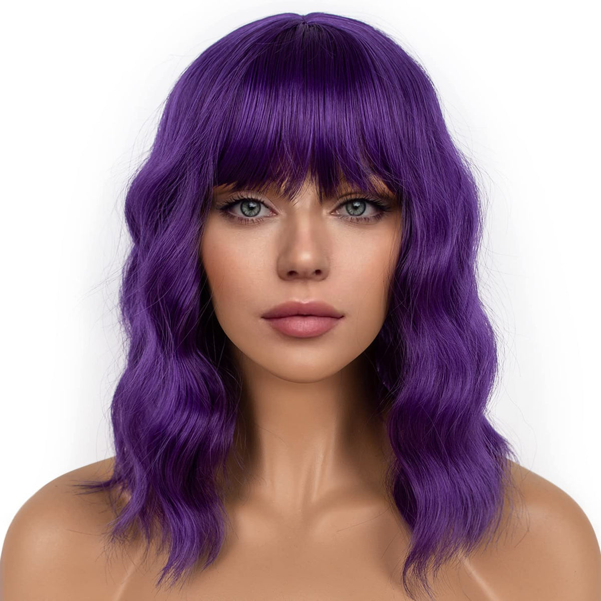 LANCAINI Dark Purple Short Bob Wig front view with bangs