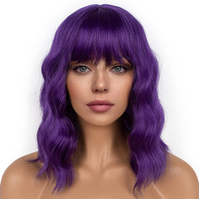 LANCAINI Dark Purple Short Bob Wig front view with bangs